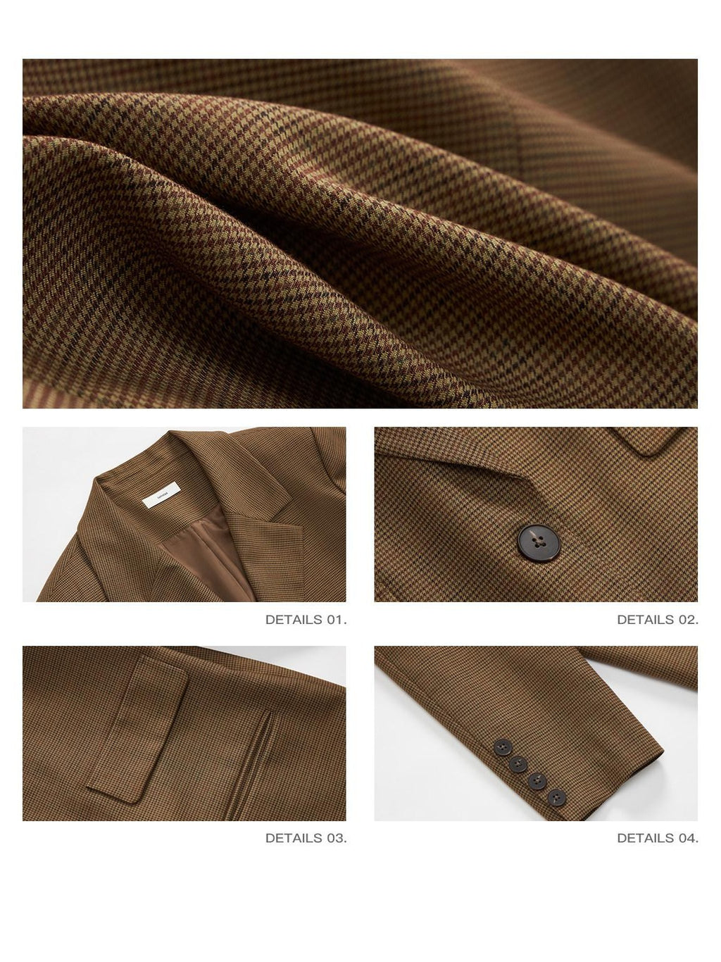 iamxiaa Yellow Brown Houndstooth Wide Shoulder Notch Lapel Women's Tweed Casual Jackets