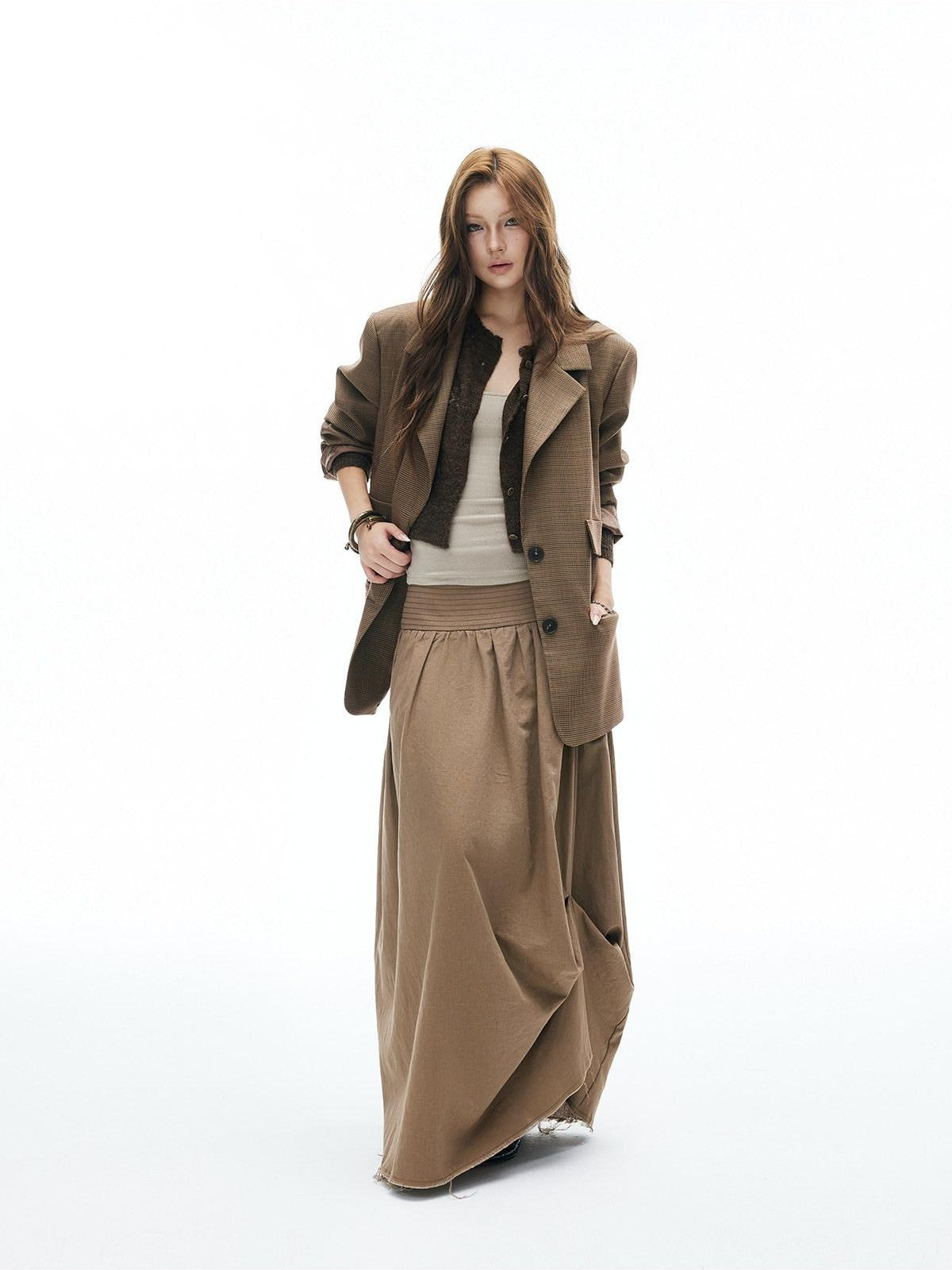 iamxiaa Yellow Brown Houndstooth Wide Shoulder Notch Lapel Women's Tweed Casual Jackets