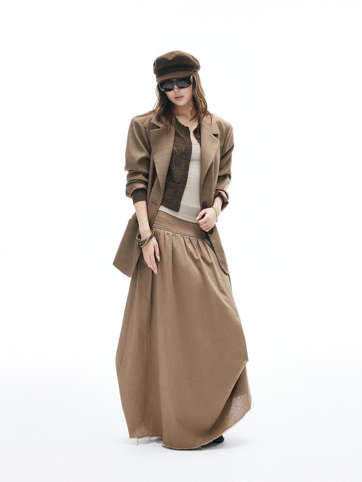 iamxiaa Yellow Brown Houndstooth Wide Shoulder Notch Lapel Women's Tweed Casual Jackets