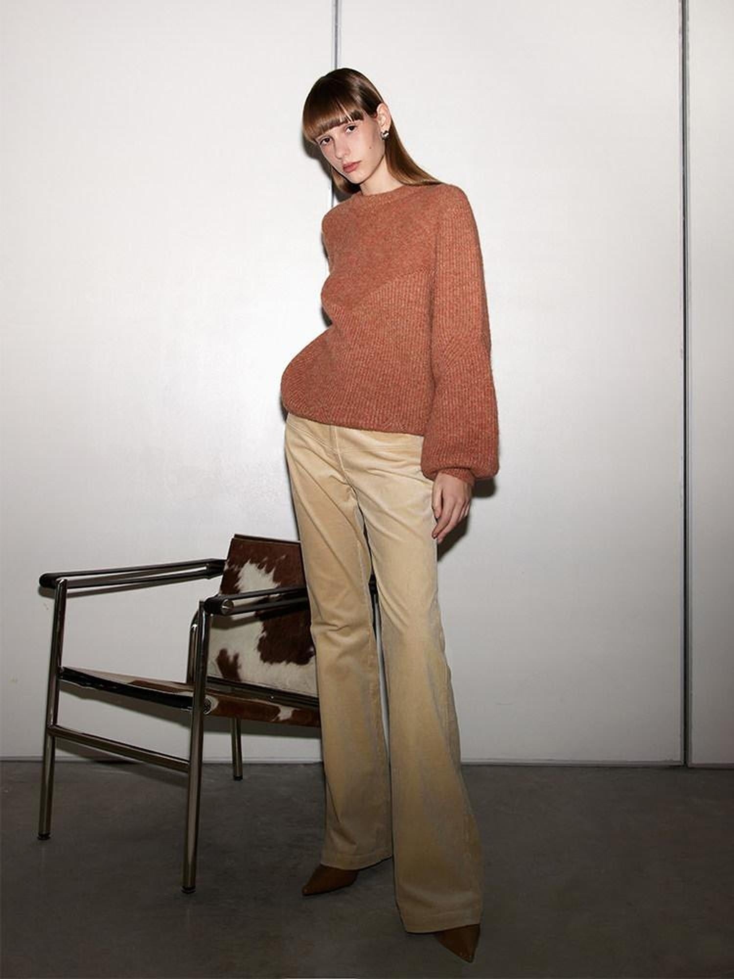 someonesometimes 100 Percent Cotton Commuter Low Waist Micro Flare Light Camel Ladies Pants