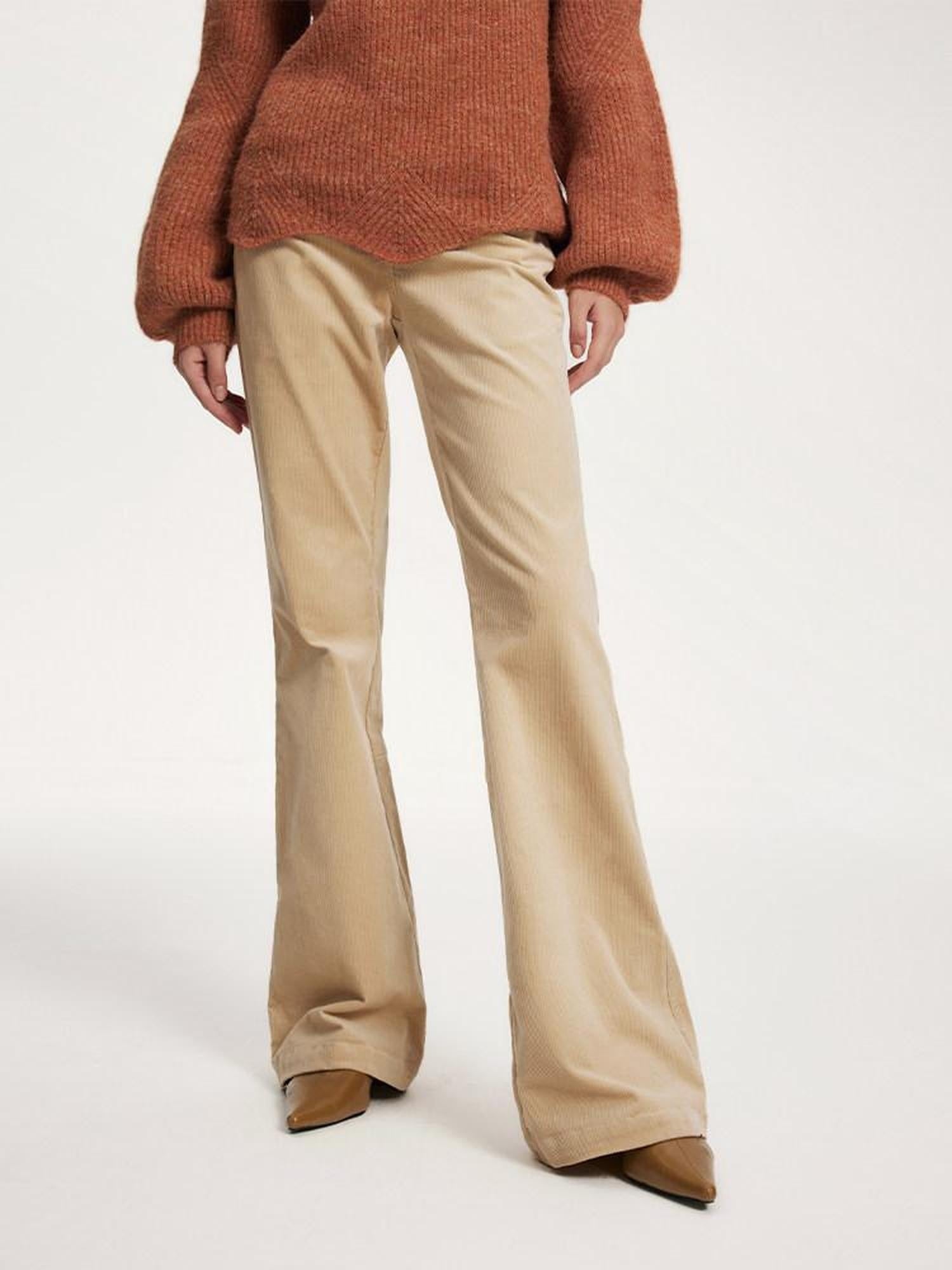 someonesometimes 100 Percent Cotton Commuter Low Waist Micro Flare Light Camel Ladies Pants