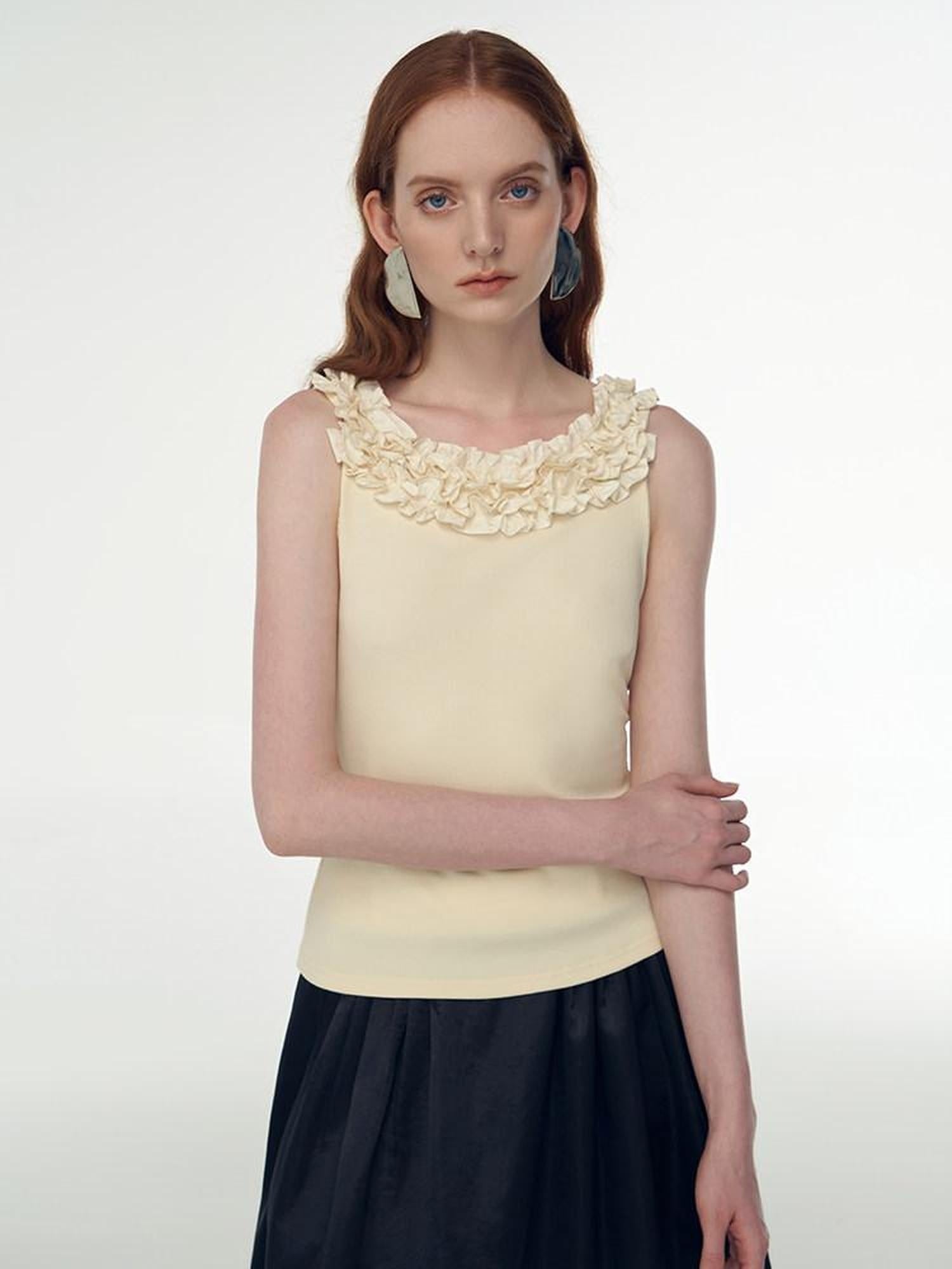 someonesometimes 3D Embellished Lettuce Trim Slim Fit Office Viscose Light Yellow Tank Tops