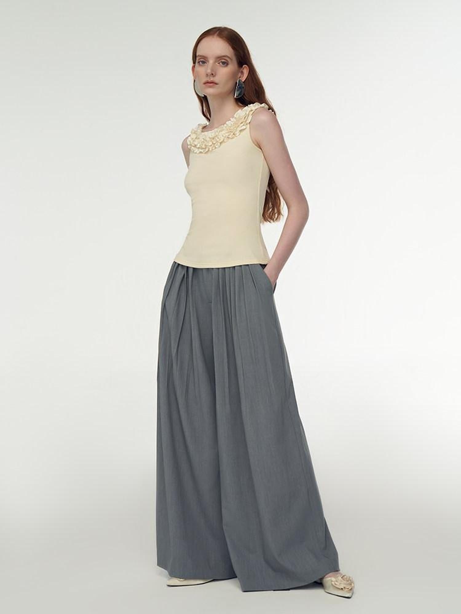 someonesometimes 3D Embellished Lettuce Trim Slim Fit Office Viscose Light Yellow Tank Tops