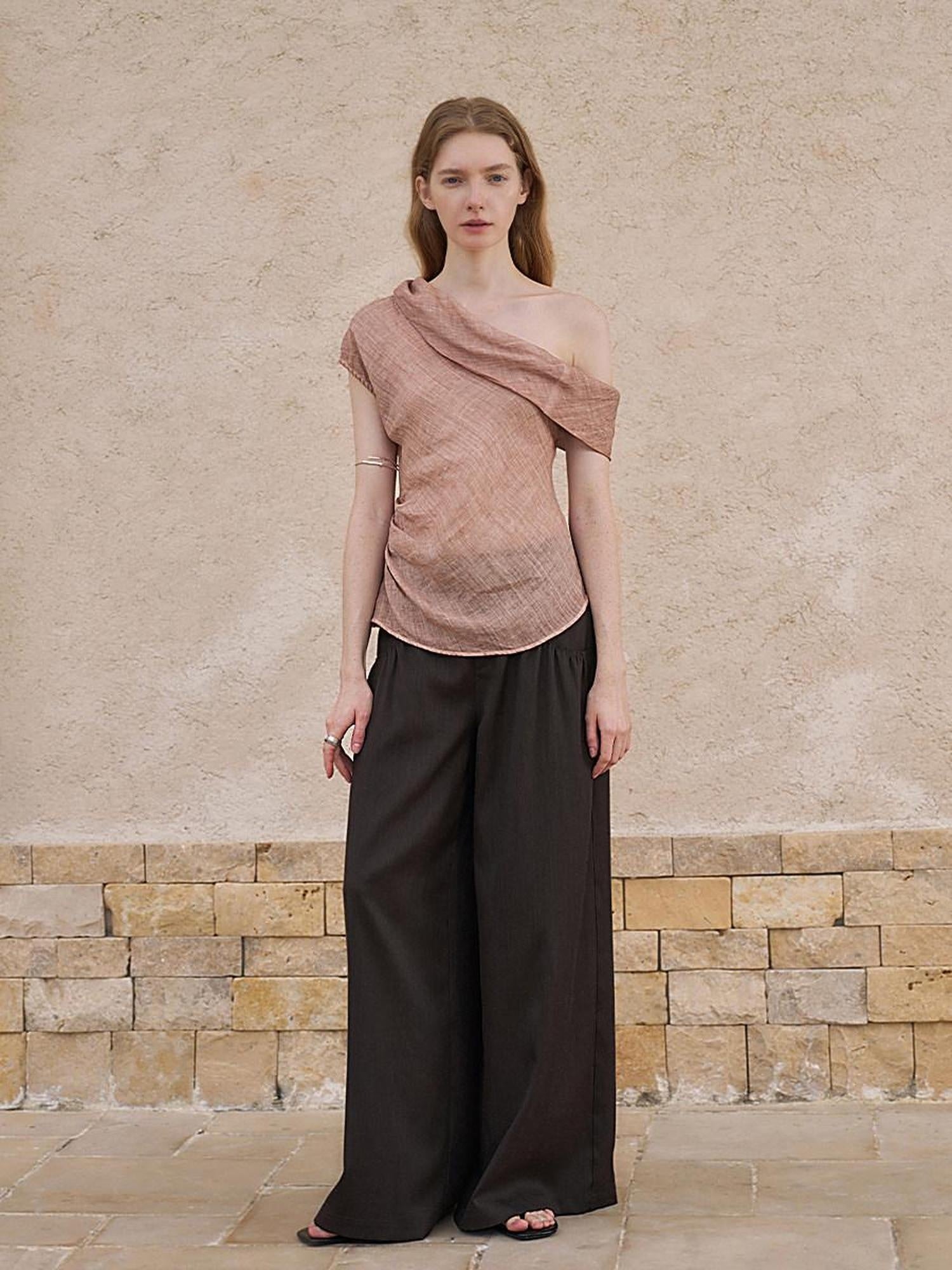 someonesometimes Antibacterial Uv 100% Ramie Linen Pleated Slim One Shoulder Top