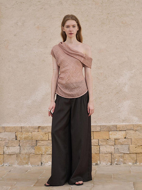 someonesometimes Antibacterial Uv 100% Ramie Linen Pleated Slim One Shoulder Top