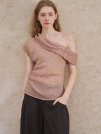 someonesometimes Antibacterial Uv 100% Ramie Linen Pleated Slim One Shoulder Top