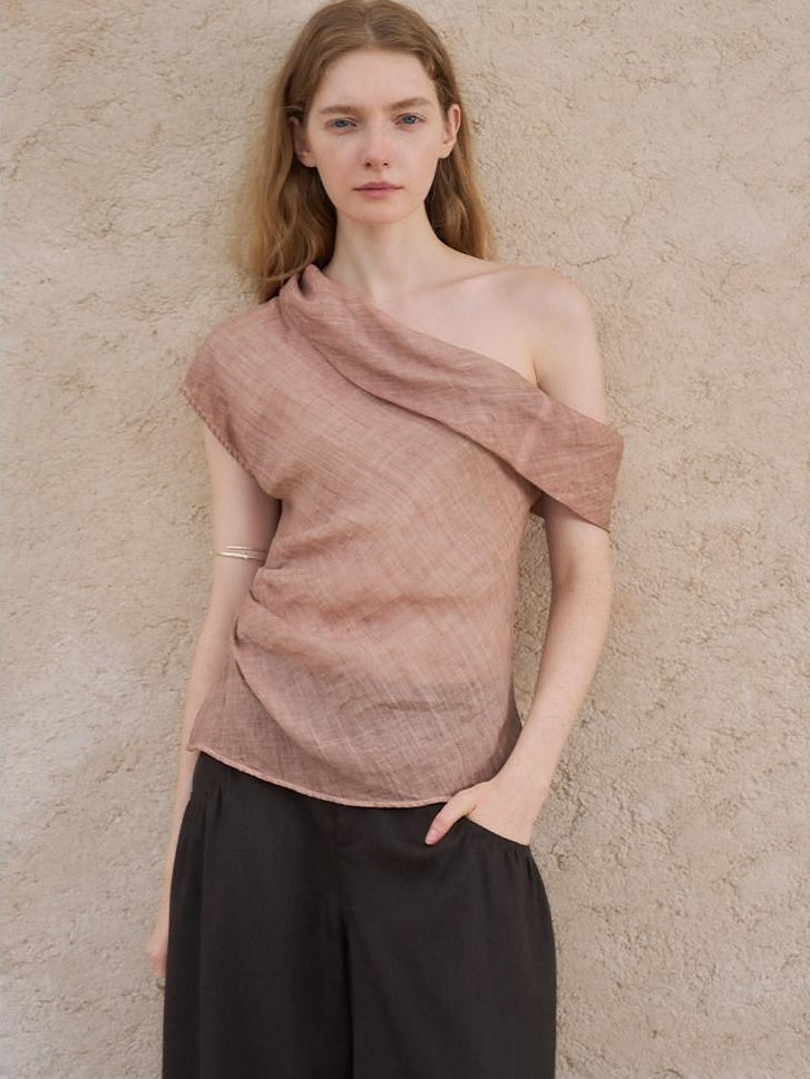 someonesometimes Antibacterial Uv 100% Ramie Linen Pleated Slim One Shoulder Top