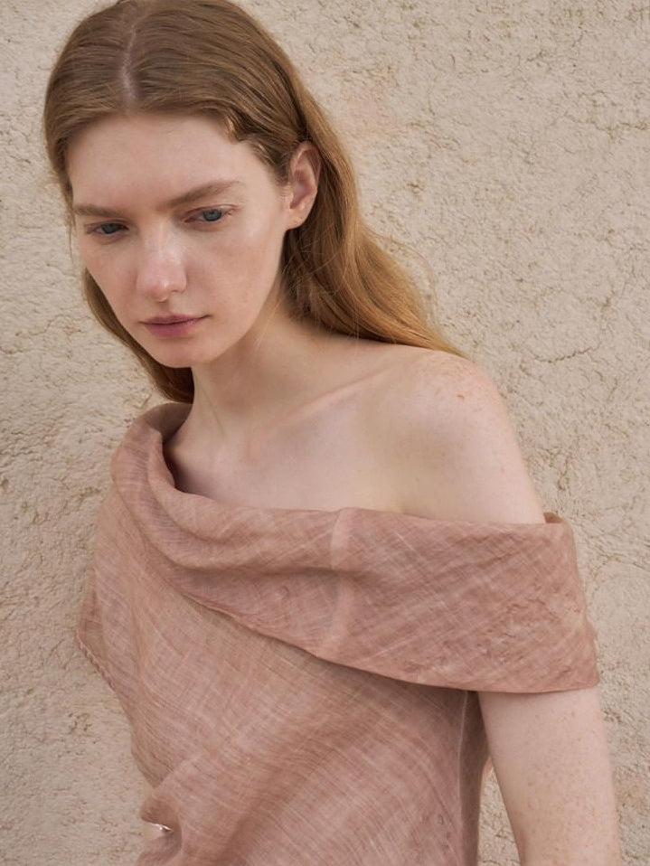 someonesometimes Antibacterial Uv 100% Ramie Linen Pleated Slim One Shoulder Top