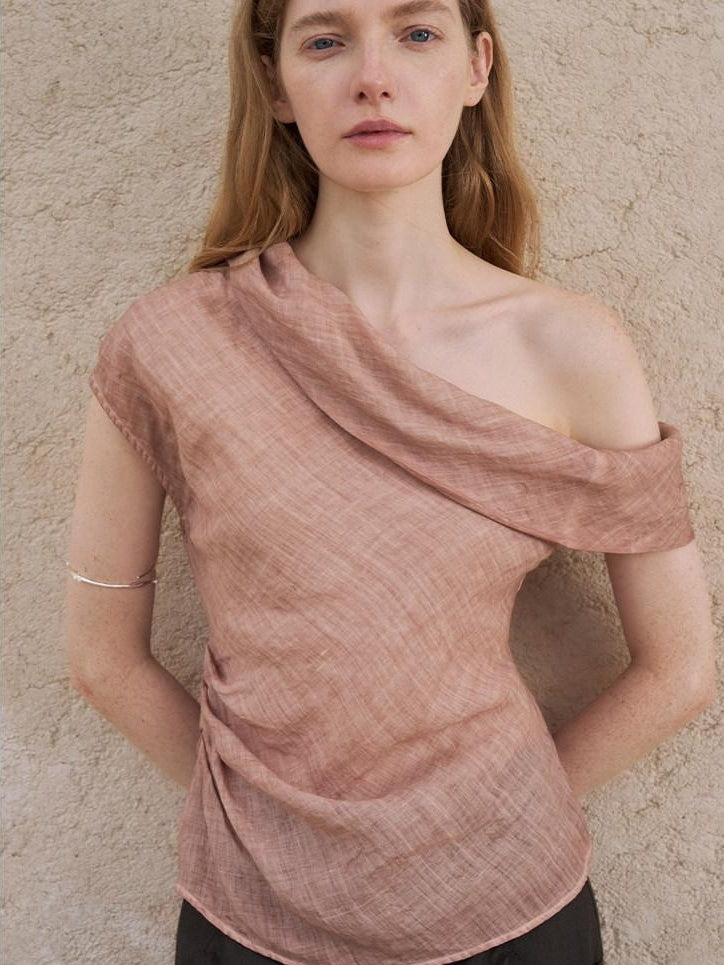 someonesometimes Antibacterial Uv 100% Ramie Linen Pleated Slim One Shoulder Top