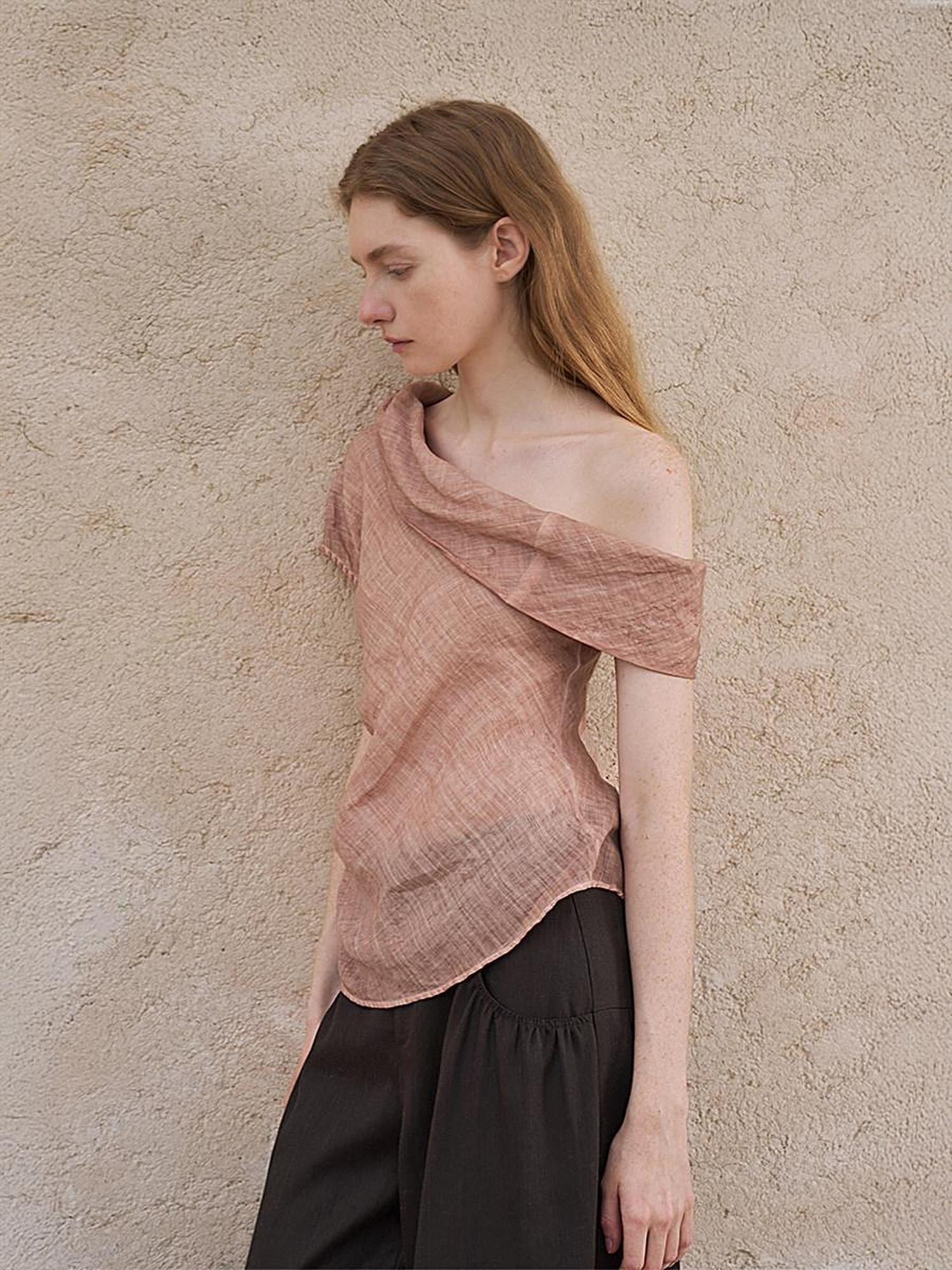 someonesometimes Antibacterial Uv 100% Ramie Linen Pleated Slim One Shoulder Top