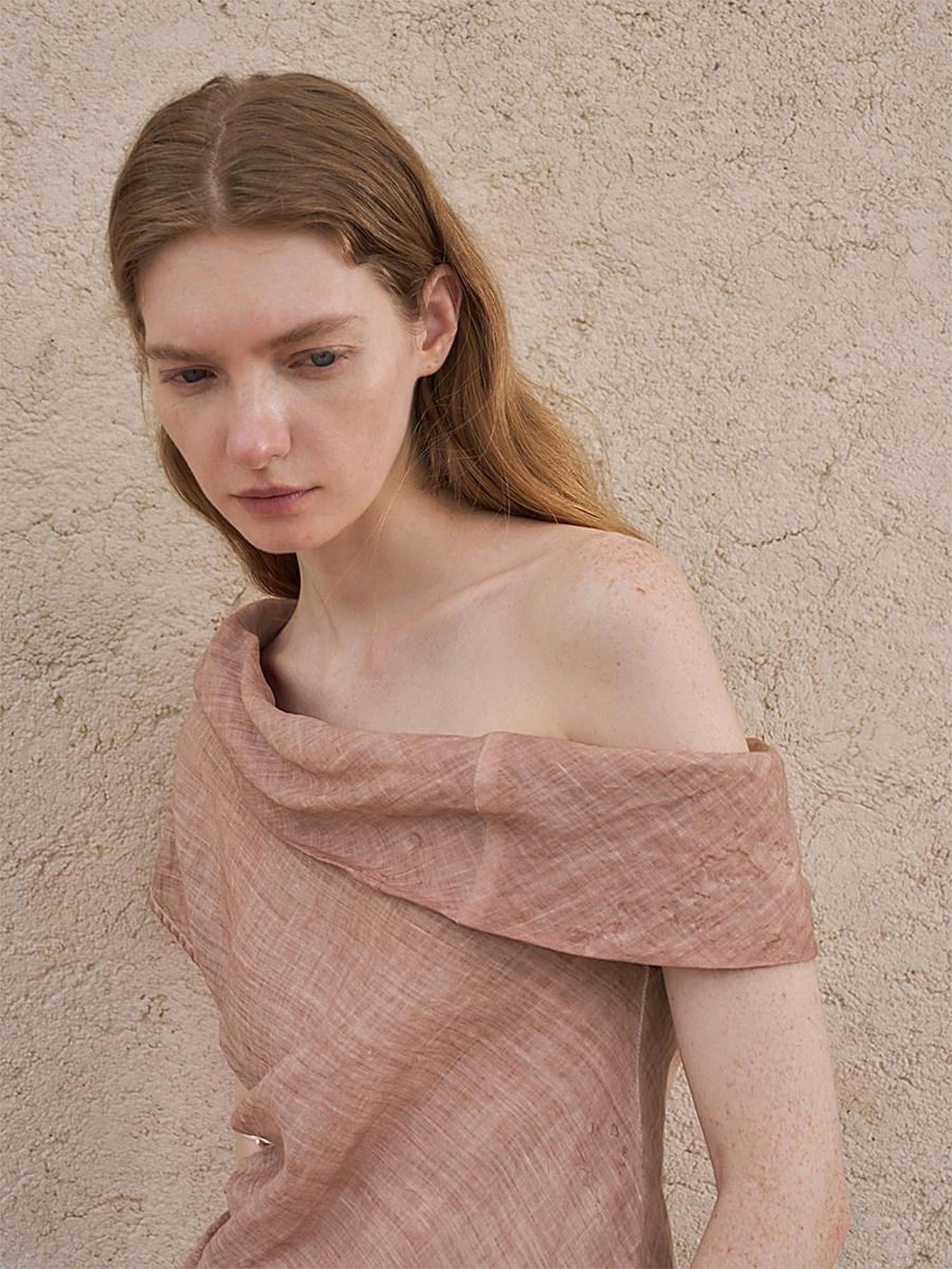 someonesometimes Antibacterial Uv 100% Ramie Linen Pleated Slim One Shoulder Top