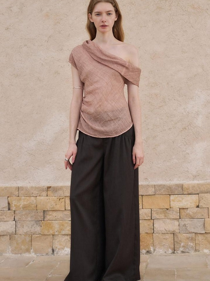 someonesometimes Antibacterial Uv 100% Ramie Linen Pleated Slim One Shoulder Top