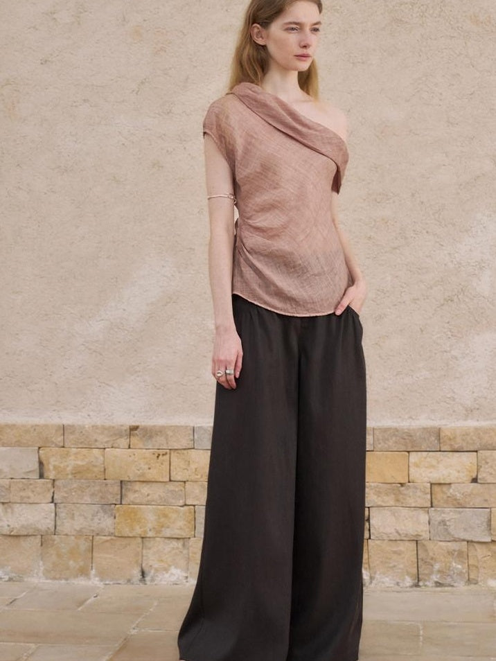 someonesometimes Antibacterial Uv 100% Ramie Linen Pleated Slim One Shoulder Top