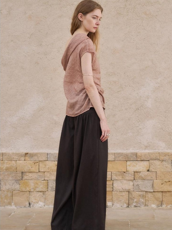 someonesometimes Antibacterial Uv 100% Ramie Linen Pleated Slim One Shoulder Top