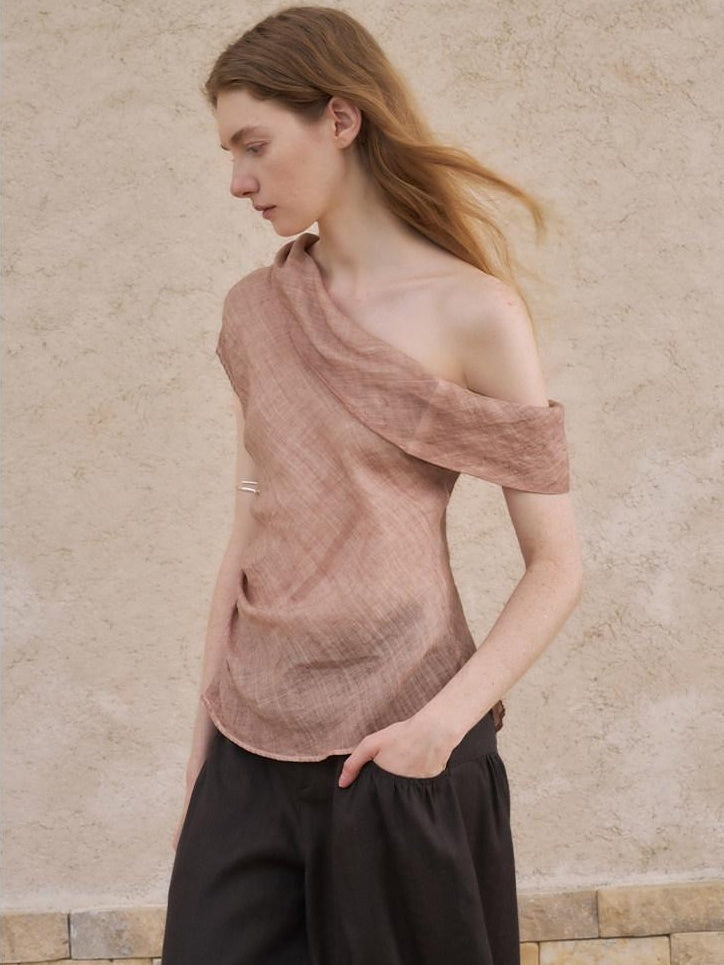 someonesometimes Antibacterial Uv 100% Ramie Linen Pleated Slim One Shoulder Top