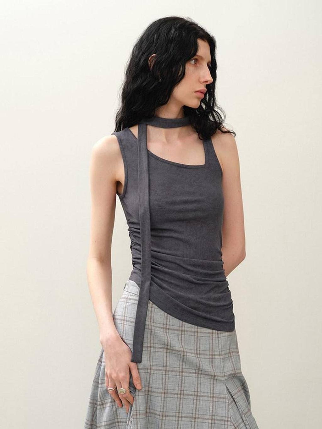 someonesometimes Asymmetric Original Slim Fit Strappy Solid Viscose Spandex Stretch Tank Tops