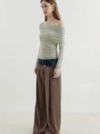 someonesometimes Asymmetric Slim Fit Knit Linen Blend Moss Green Off Shoulder Crop Tops