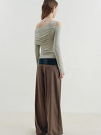 someonesometimes Asymmetric Slim Fit Knit Linen Blend Moss Green Off Shoulder Crop Tops