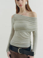 someonesometimes Asymmetric Slim Fit Knit Linen Blend Moss Green Off Shoulder Crop Tops
