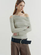 someonesometimes Asymmetric Slim Fit Knit Linen Blend Moss Green Off Shoulder Crop Tops