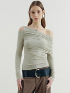 someonesometimes Asymmetric Slim Fit Knit Linen Blend Moss Green Off Shoulder Crop Tops