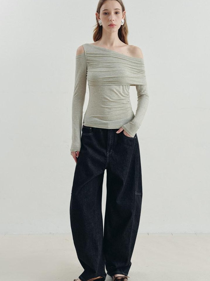 someonesometimes Asymmetric Slim Fit Knit Linen Blend Moss Green Off Shoulder Crop Tops
