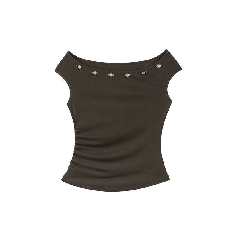 someonesometimes_Beaded_Pleated_Coffee_Brown_Slim_Fit_Off_Shoulder_Wicking_Women_Top_&_Skirt_Sets_MISSTT