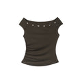someonesometimes_Beaded_Pleated_Coffee_Brown_Slim_Fit_Off_Shoulder_Wicking_Women_Top_&_Skirt_Sets_MISSTT