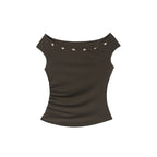 someonesometimes_Beaded_Pleated_Coffee_Brown_Slim_Fit_Off_Shoulder_Wicking_Women_Top_&_Skirt_Sets_MISSTT