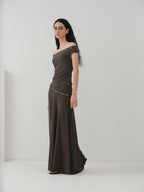 someonesometimes Beaded Pleated Coffee Brown Slim Fit Off Shoulder Wicking Women Top & Skirt Sets