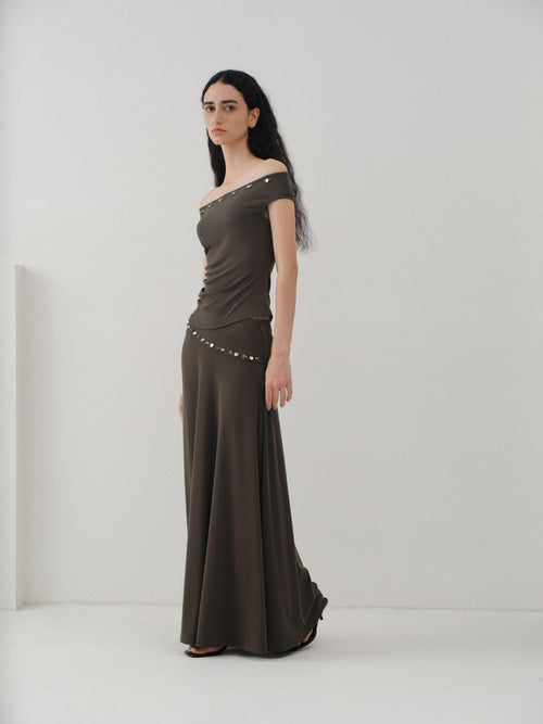 someonesometimes Beaded Pleated Coffee Brown Slim Fit Off Shoulder Wicking Women Top & Skirt Sets