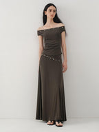 someonesometimes Beaded Pleated Coffee Brown Slim Fit Off Shoulder Wicking Women Top & Skirt Sets