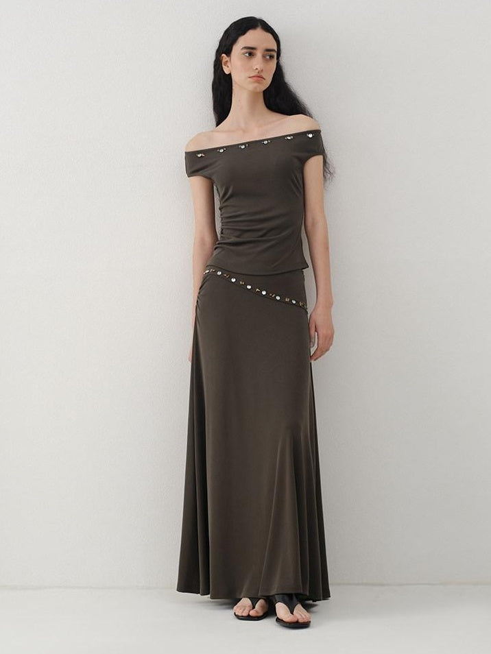 someonesometimes Beaded Pleated Coffee Brown Slim Fit Off Shoulder Wicking Women Top & Skirt Sets