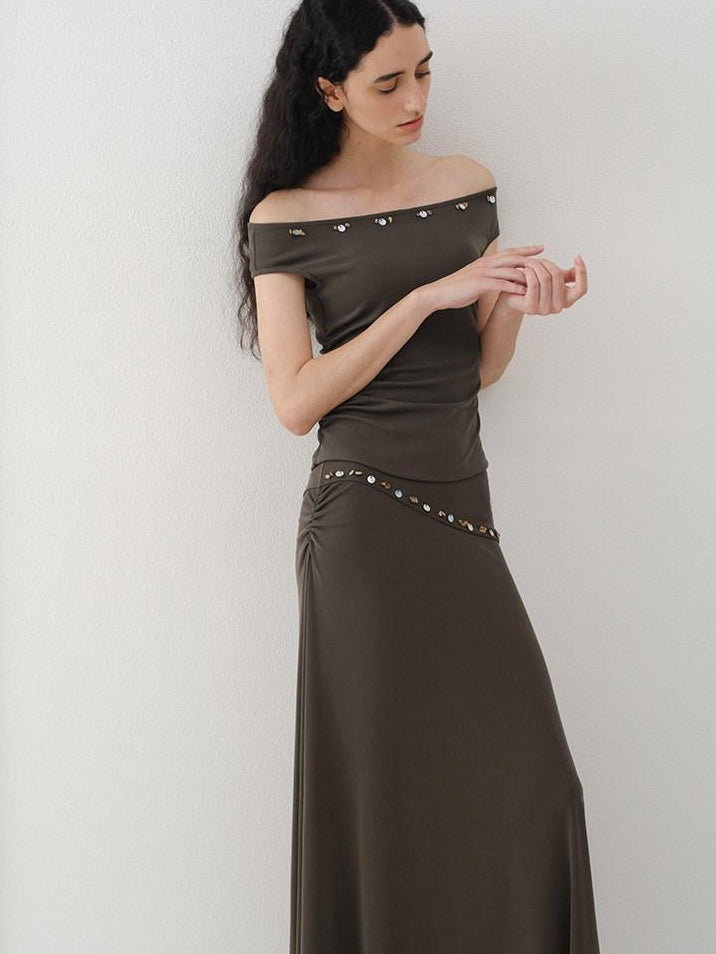 someonesometimes Beaded Pleated Coffee Brown Slim Fit Off Shoulder Wicking Women Top & Skirt Sets