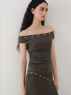 someonesometimes Beaded Pleated Coffee Brown Slim Fit Off Shoulder Wicking Women Top & Skirt Sets