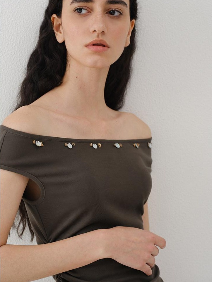 someonesometimes Beaded Pleated Coffee Brown Slim Fit Off Shoulder Wicking Women Top & Skirt Sets