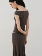 someonesometimes Beaded Pleated Coffee Brown Slim Fit Off Shoulder Wicking Women Top & Skirt Sets