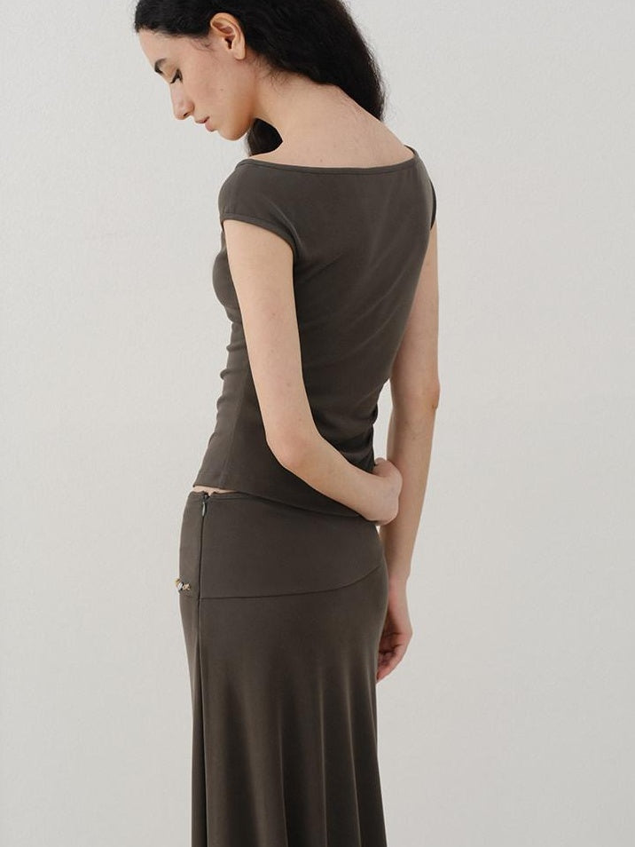 someonesometimes Beaded Pleated Coffee Brown Slim Fit Off Shoulder Wicking Women Top & Skirt Sets