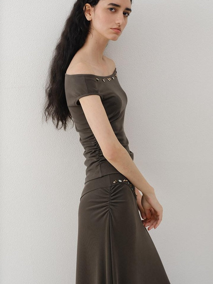 someonesometimes Beaded Pleated Coffee Brown Slim Fit Off Shoulder Wicking Women Top & Skirt Sets
