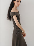 someonesometimes Beaded Pleated Coffee Brown Slim Fit Off Shoulder Wicking Women Top & Skirt Sets