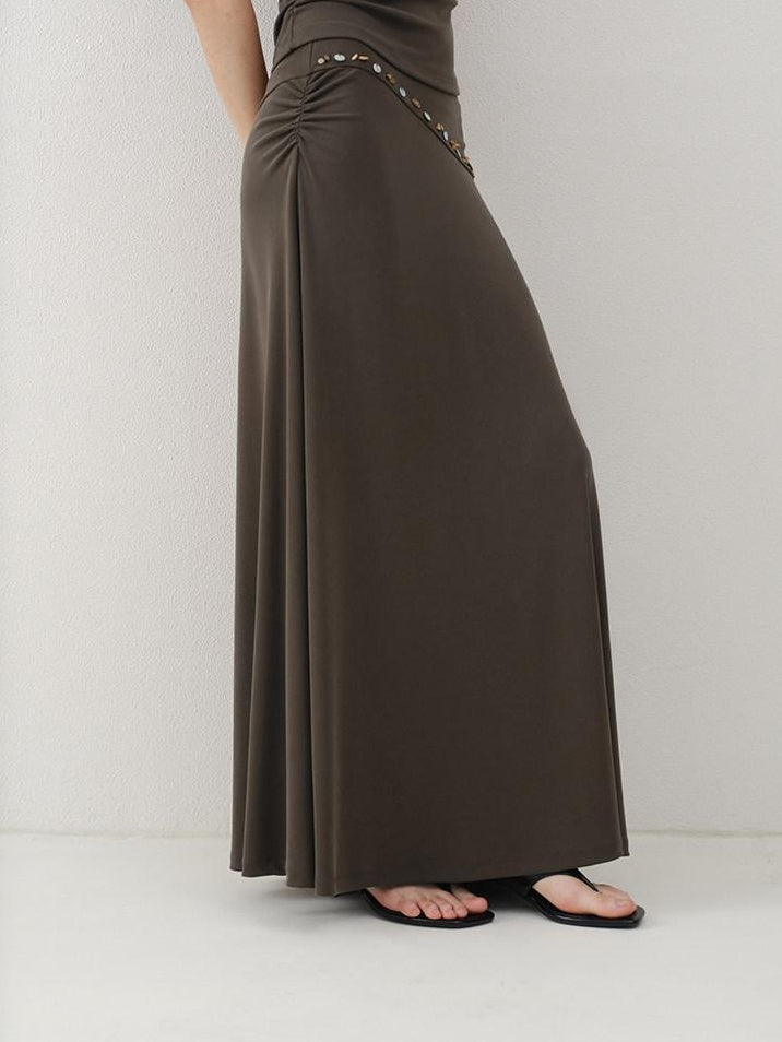 someonesometimes Beaded Pleated Coffee Brown Slim Fit Off Shoulder Wicking Women Top & Skirt Sets