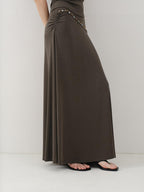 someonesometimes Beaded Pleated Coffee Brown Slim Fit Off Shoulder Wicking Women Top & Skirt Sets