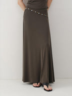 someonesometimes Beaded Pleated Coffee Brown Slim Fit Off Shoulder Wicking Women Top & Skirt Sets