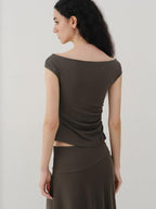 someonesometimes Beaded Pleated Coffee Brown Slim Fit Off Shoulder Wicking Women Top & Skirt Sets
