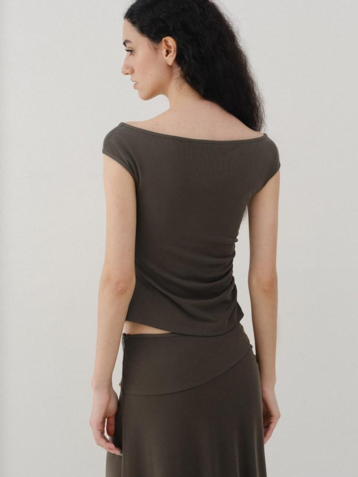 someonesometimes Beaded Pleated Coffee Brown Slim Fit Off Shoulder Wicking Women Top & Skirt Sets