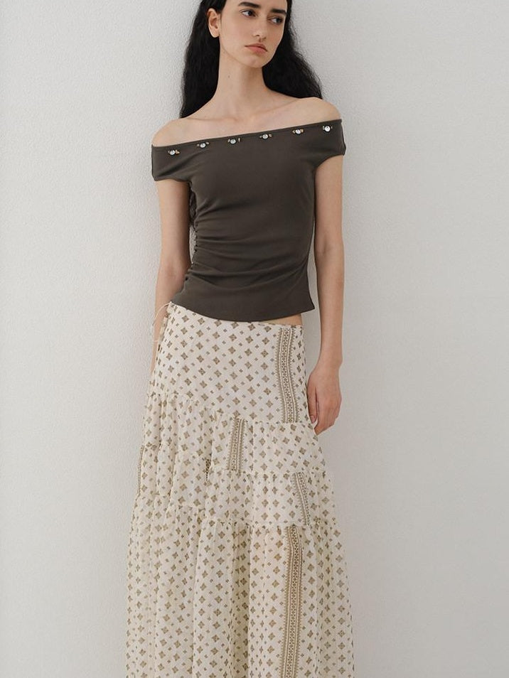 someonesometimes Beaded Pleated Coffee Brown Slim Fit Off Shoulder Wicking Women Top & Skirt Sets