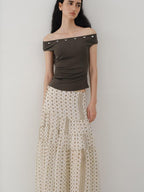 someonesometimes Beaded Pleated Coffee Brown Slim Fit Off Shoulder Wicking Women Top & Skirt Sets