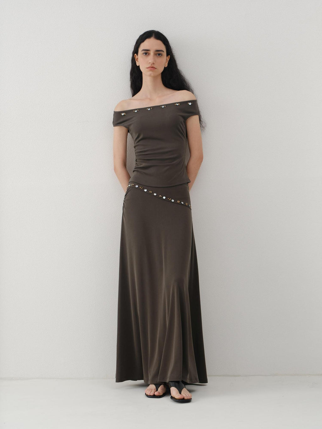 someonesometimes Beaded Pleated Coffee Brown Slim Fit Off Shoulder Wicking Women Top & Skirt Sets