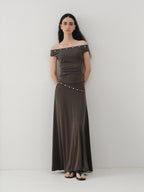 someonesometimes Beaded Pleated Coffee Brown Slim Fit Off Shoulder Wicking Women Top & Skirt Sets