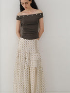 someonesometimes Beaded Pleated Coffee Brown Slim Fit Off Shoulder Wicking Women Top & Skirt Sets